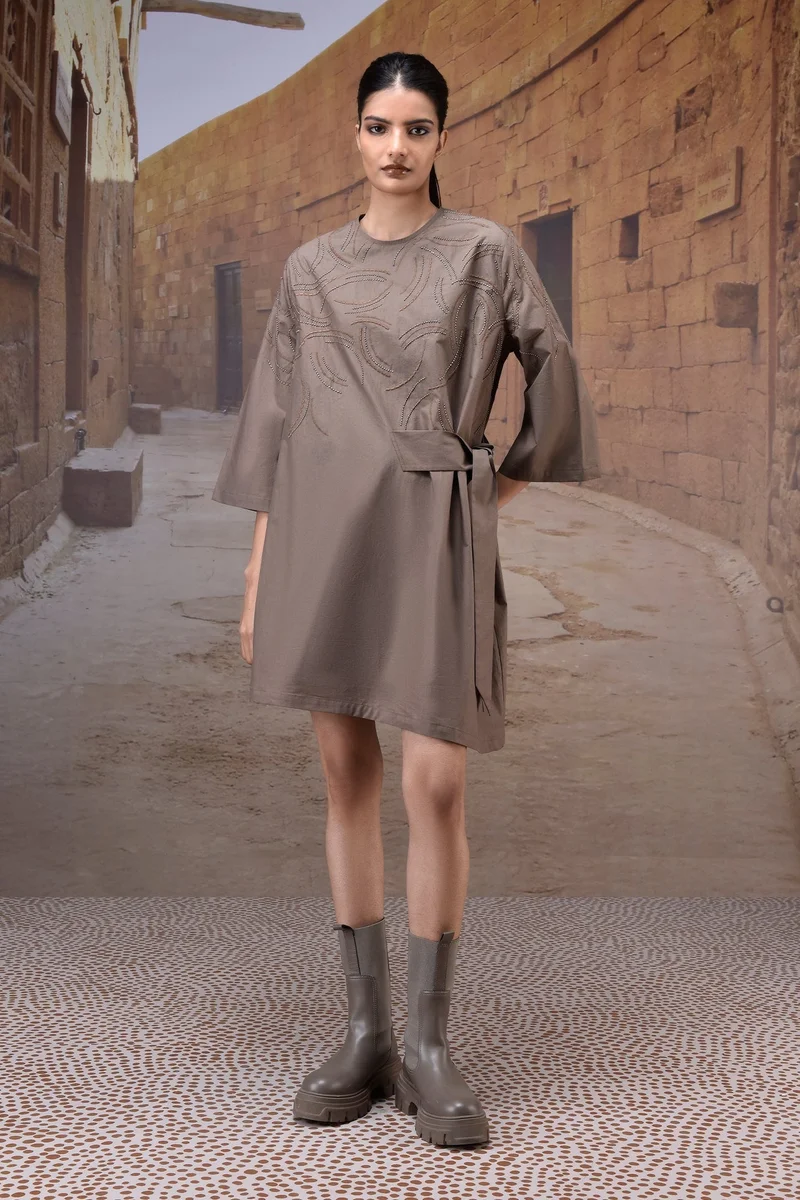 Genes Lecoanet Hemant Warm Beige Giza Cotton Poplin Fit-and-Flare Dress